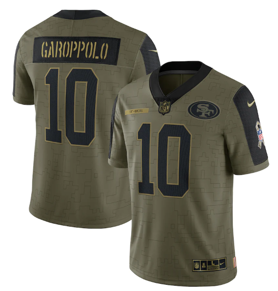 Men's San Francisco 49ers #10 Jimmy Garoppolo 2021 Olive Camo Salute To Service Limited Stitched Jersey